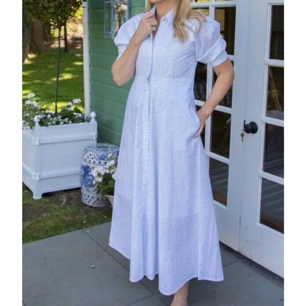 INDIA AMORY Julia SZ L Large Blue Short Sleeve Shirt Dress Blue Wisteria Floral